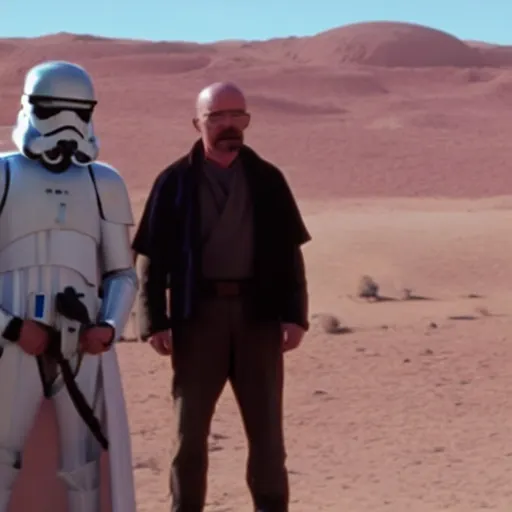 Prompt: Walter White visiting Tatooine, movie screenshot from Star Wars