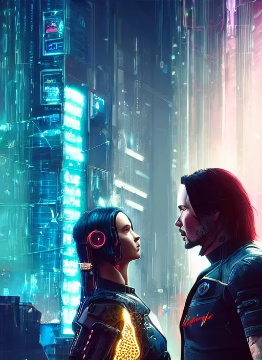 Image similar to a cyberpunk 2077 couple portrait of a Keanu Reeves as johnny silverhand and a female android in final kiss,love,fantasy, intricate, elegant,film lighting,artstation,deviantart,FAN ART,full of color,Digital painting,face enhance,highly detailed,8K,octane,golden ratio,cinematic lighting