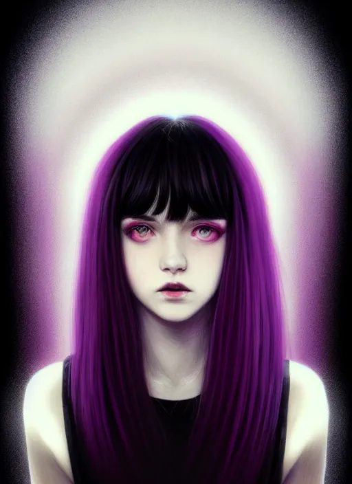 Prompt: portrait of teenage girl, red irises, bangs, black and white hair, white bangs, purple clothes, white bangs, two color hair, black hair and white bangs, intricate, elegant, glowing lights, highly detailed, digital painting, artstation, concept art, smooth, sharp focus, illustration, art by wlop, mars ravelo and greg rutkowski