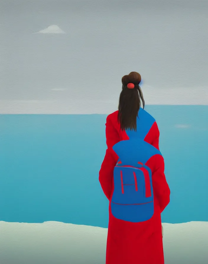 Image similar to wide shot rear view photographer woman hair in a bun long red stripe coat backpack sneakers taking photo with nikon camera in hand while looking out over a placid blue lake, a character design painting, in the style of wes anderson, lola dupre, david hockney, isolated on negative white space background dark monochrome fluorescent spraypaint accents volumetric octane render, no double figure