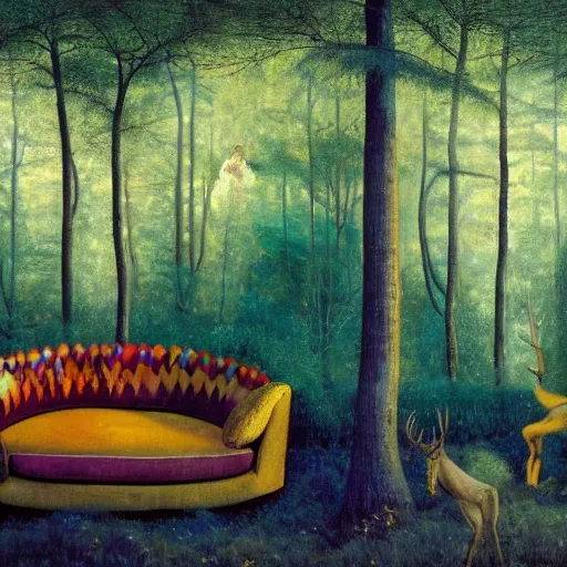 Image similar to psychedelic couch sofa in the lush pine forest, milky way, guitar, moose antlers, designed by arnold bocklin, jules bastien - lepage, tarsila do amaral, wayne barlowe and gustave baumann, cheval michael, trending on artstation, star, sharp focus, colorful refracted sparkles and lines, soft light, 8 k 4 k