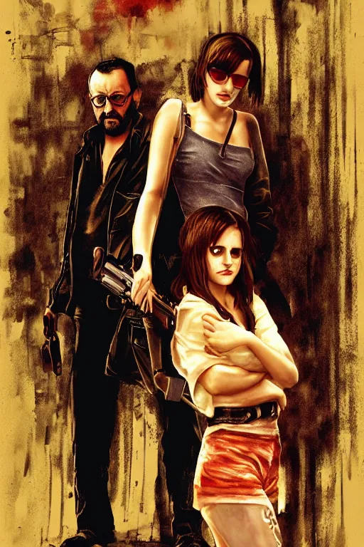 Image similar to Emma Watson and Jean Reno in Leon The Professional, movie poster, digital art