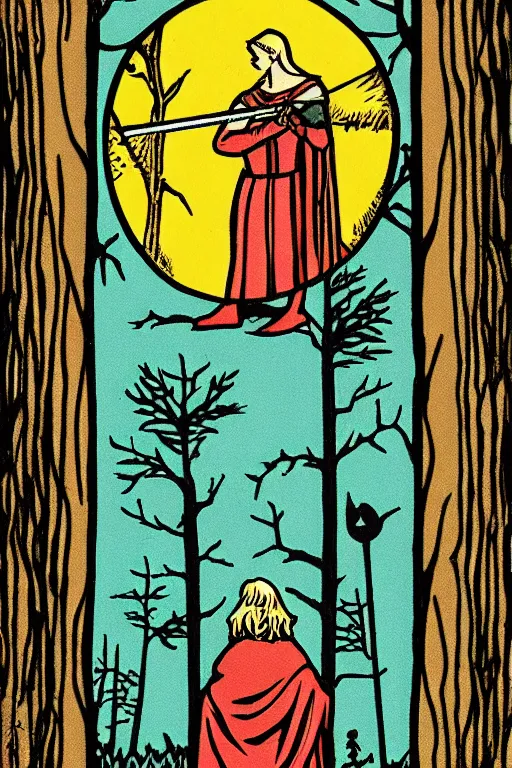 Image similar to tarot card of a shining knight that is lost in the woods and is followed by a shade