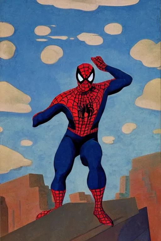 Image similar to spiderman, marvel, artwork by nicholas roerich