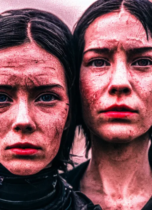 Image similar to cinestill 5 0 d photographic portrait of two loving female androids wearing rugged black techwear on a desolate plain with a red sky in front of a brutalist structure, extreme closeup, cyberpunk style, dust storm, 8 k, hd, high resolution, 3 5 mm, f / 3 2, ultra realistic faces, ex machina