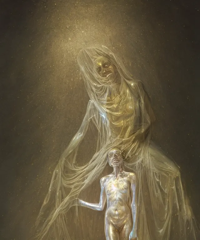 Image similar to Beautiful full-body wax sculpture of glowing transparent woman with visible gold bones covered with melted white wax inside the singularity where stars becoming baroque folds of dark matter by Michelangelo da Caravaggio, Nicola Samori, William Blake, Alex Grey and Beksinski, dramatic volumetric lighting, highly detailed oil painting, 8k, masterpiece
