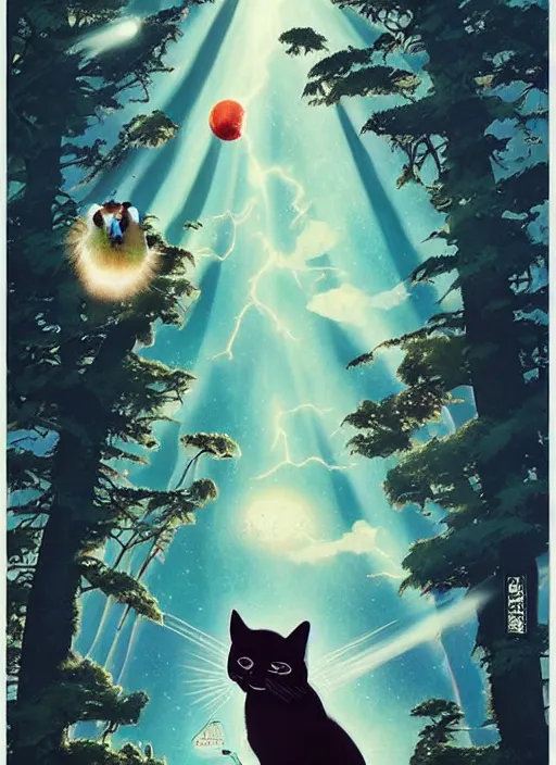 Image similar to a hyper realistic ink cat and the meaning of life and sunbeams blue sky, lush forest poster art by chiara bautista and kim jung giu and norman rockwell and greg rutkowski weta studio, and lucasfilm