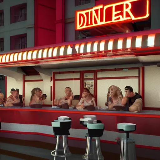 Image similar to 1990's diner full of zombies, 8k, octane render