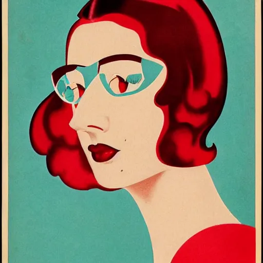 Prompt: beautiful expensive rare vintage art deco illustration of a young woman with pale skin, short curly blonde hair, glasses, and red lipstick