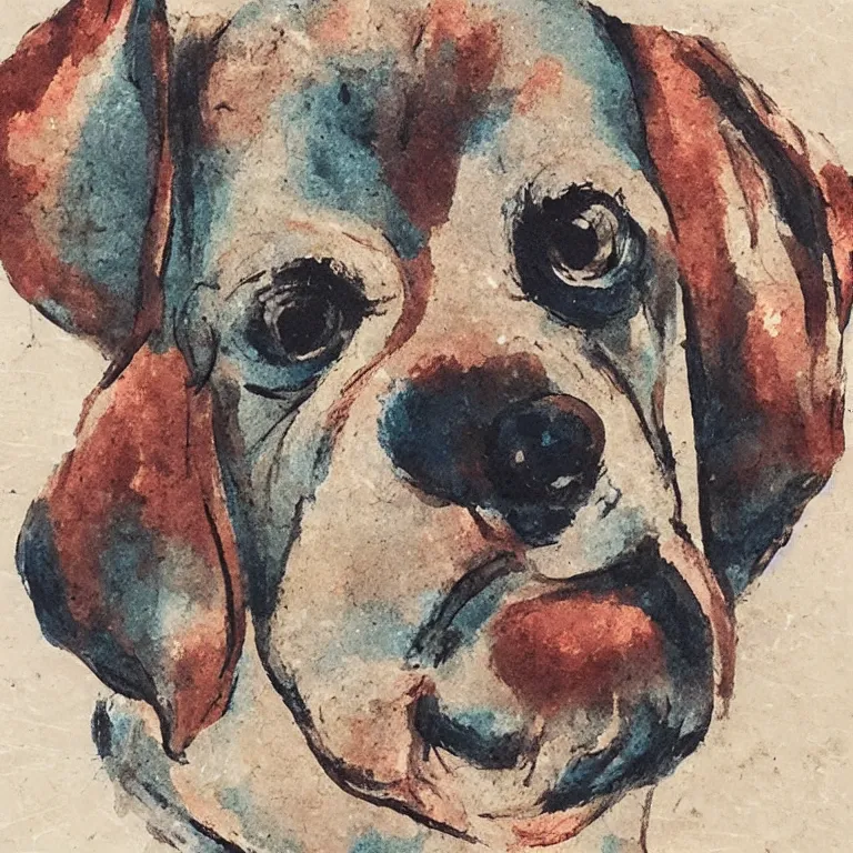 Prompt: a cute retro dog. alcohol inks on parchment, muted colors, detailed, textured parchment background, 1 9 5 0 s concept art