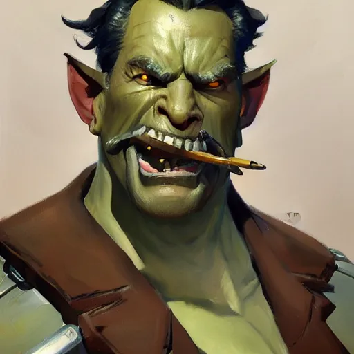 Prompt: greg manchess close - up portrait painting of a ruggedly handsome old dieselpunk orc general with olive green skin as an overwatch character sitting in his office, organic painting, sunny day, matte painting, bold shapes, hard edges, street art, trending on artstation, by huang guangjian and gil elvgren and sachin teng