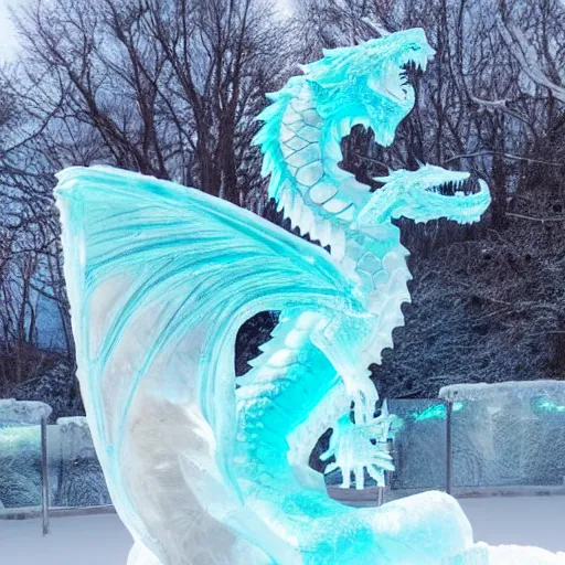 Prompt: a majestic dragon made of ice, crystal - clear ice sculpture, detailed fantasy photography