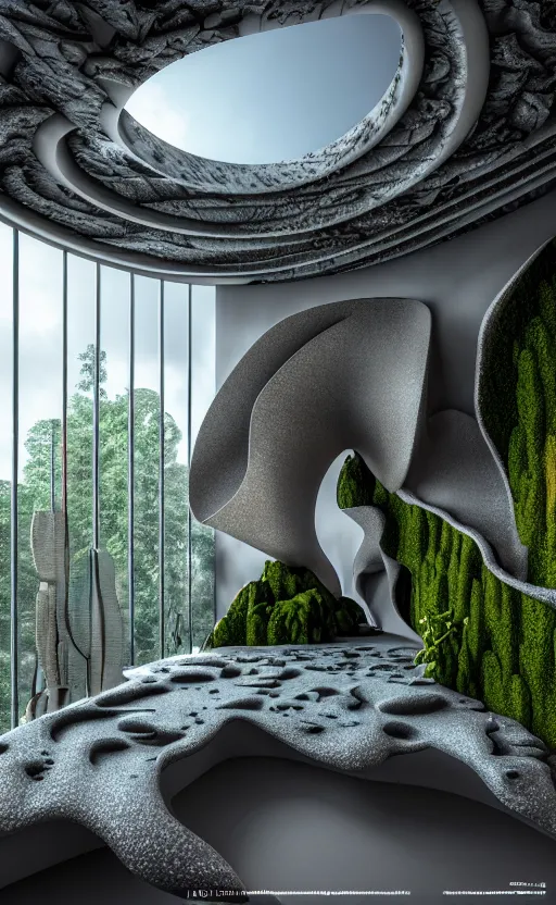 Image similar to highly detailed ultra sharp 3 d render villa interior cinematic composition of a smooth ceramic porcelain biomorphic magnolia stone nebula fluid fractal sci - fi surreal architecture landscape, granite, metallic, magnesium, marble, moss and lichen, vincent callebaut composition, mamou - mani, archviz, beautiful lighting, 8 k, unreal engine, hdr,