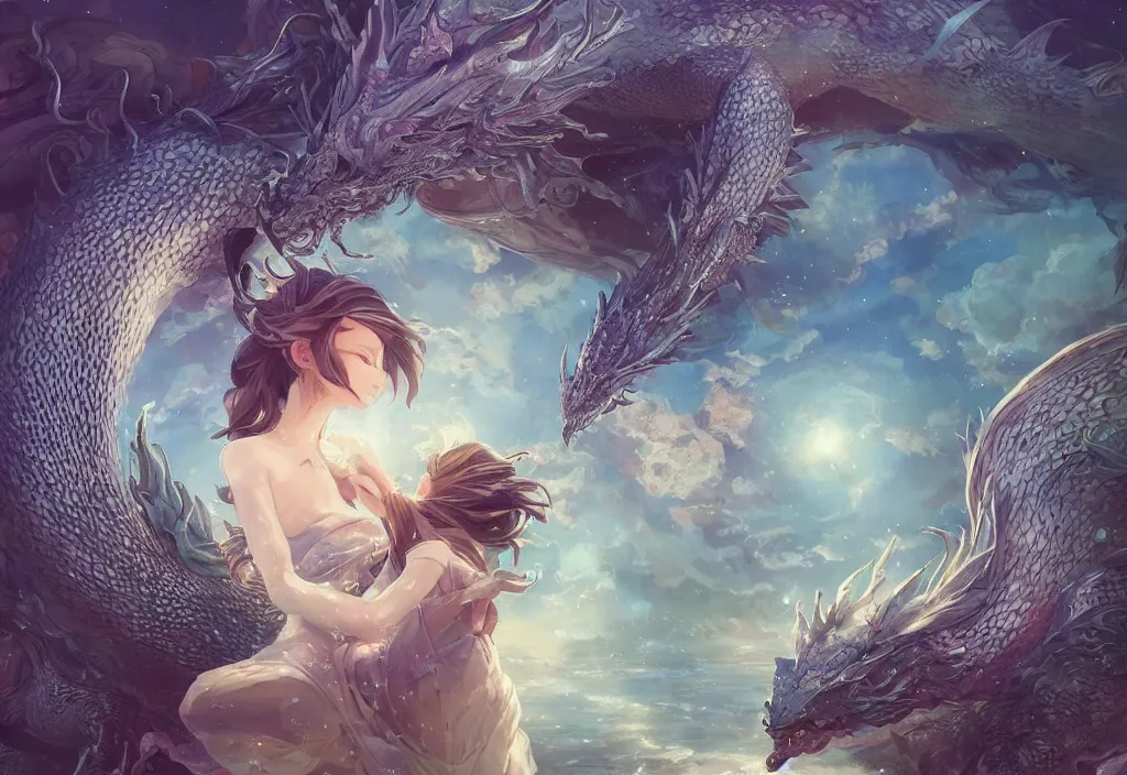 Image similar to the beautiful hyper detailed scene render that a lonely single beautiful girl lies in the arms of a huge silver dragon alone in the fairyland surrounded by white clouds, in the style of makoto shinkai victo ngai and peter mohrbacher studio ghibli artgerm karol bak beeple, cinematic, beautiful dream, psychedelic, animation style, 8 k hd