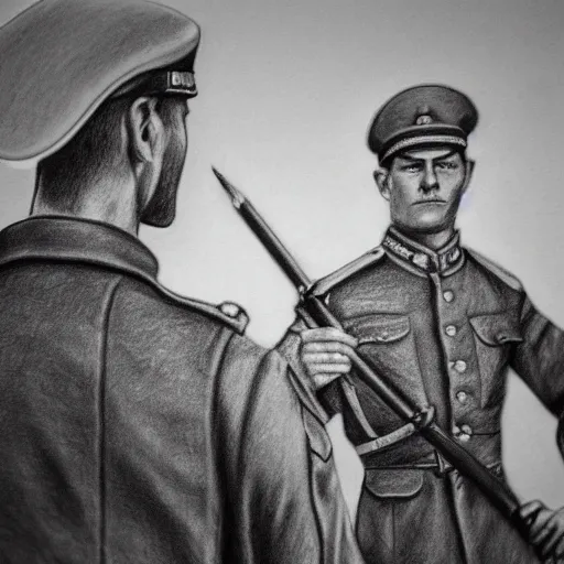 Image similar to a very detailed pencil drawing of a german soldier and a soviet soldier 4 k, high resolution, still, landscape, hd, dslr, hyper realistic, sketch