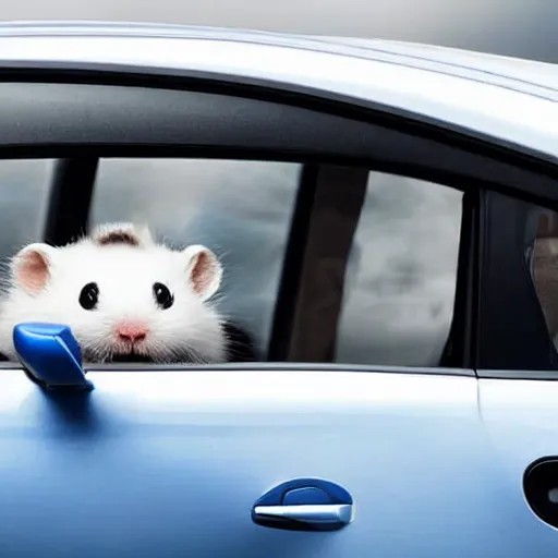 Prompt: wide shot, white hamster piloting a blue qashqai travelling on the road with open windows