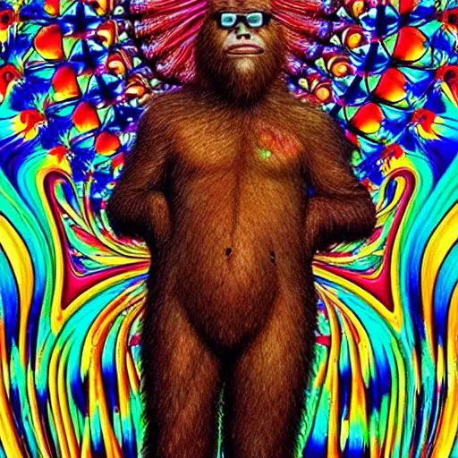 Prompt: ( sasquatch, bigfoot wearing sunglasses ) ( ( ( hyper detailed masterpiece, psychedelic fractal pattern, jean giraud, digital art painting, dream wave aesthetic, ethereal, artgerm, donato giancola, tom bagshaw ) ) ) ( ( ( ( stained glass, ink painting ) ) ) )