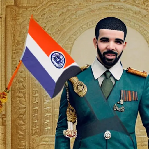 Prompt: drake holding indian national flag in right hand, photograph