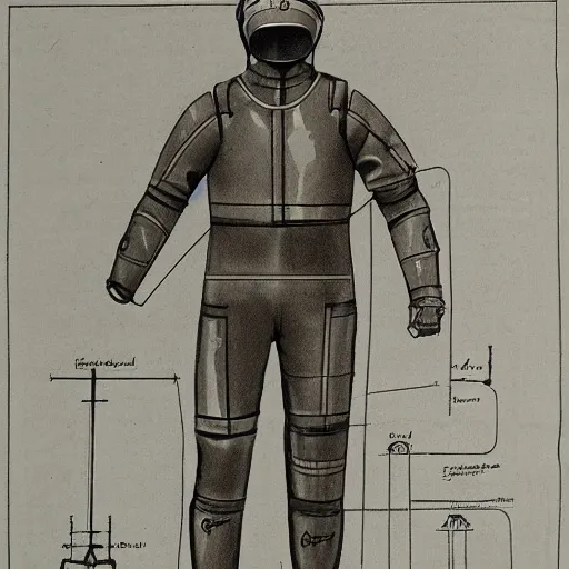 Image similar to blueprint of an armoured diving suit