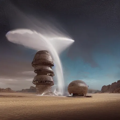 Prompt: sci - fi round building next to the sea pumping gushing water into a parched desert, river with trees, a sense of hope, hyper realistic, high res, 4 k, edouard groult, bynde, kirill leonov, isaac zuren