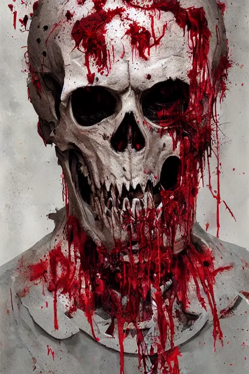 Prompt: zombie portrait by greg rutkowski, skeleton, metal mask, red fabric, torn clothes, blood stains