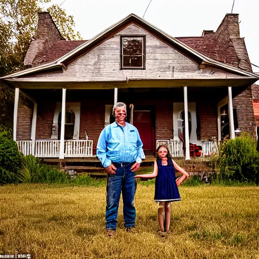 Image similar to a farmer and his daughter pose stiffly, they stand outside of their home, built in an 1 8 8 0 s style known as carpenter gothic, iowa, cinematic, midwest gothic