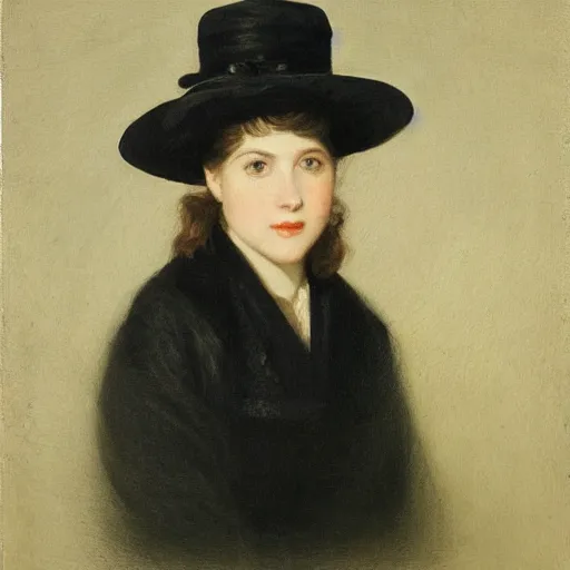 Image similar to portrait of a woman wearing a bowler hat, by berthold woltze.