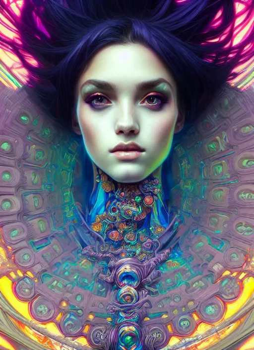 Image similar to hyper detailed ultra sharp of a beautiful necromancer girl. trending on artstation, vaporwave aesthetic, synthwave, colorful, psychedelic, ornate, intricate, digital painting, concept art, smooth, sharp focus, illustration, art by artgerm and greg rutkowski and alphonse mucha, 8 k