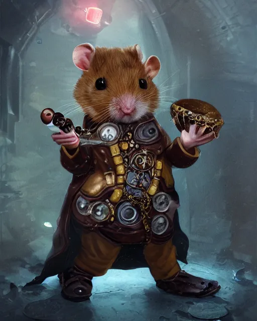 Image similar to oil painting of anthropomorphized hamster holding shiny gem, steampunk clothes, close shot, full body, dark steampunk mine shaft background, sharp focus, fantasy style, octane render, volumetric lighting, 8k high definition, by greg rutkowski, highly detailed, trending on art Station, dungeons and dragons artwork, centered