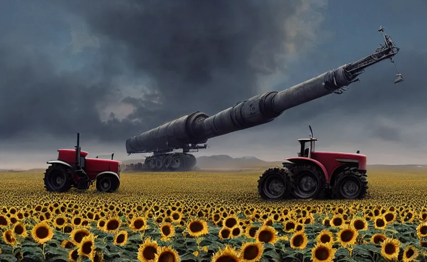 Image similar to hyperrealistic matte painting of cute tractor on the sunflower field dragging the russian tank, scaffolding, by filip hodas, beeple, 4 k, trending on cgsociety