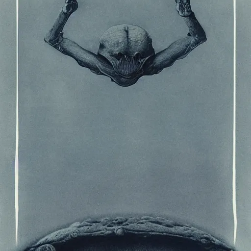 Image similar to a cyanotype of a strange creature crawling on the ceiling of the living room by zdzisław beksinski