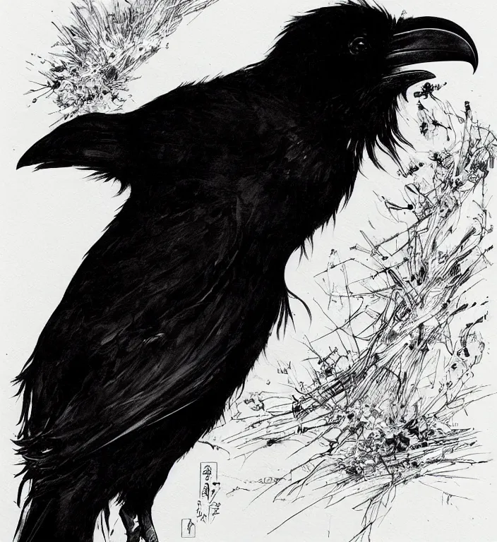 Image similar to a portrait of a raven bird, by takehiko inoue and kim jung gi and hiroya oku, masterpiece ink illustration,