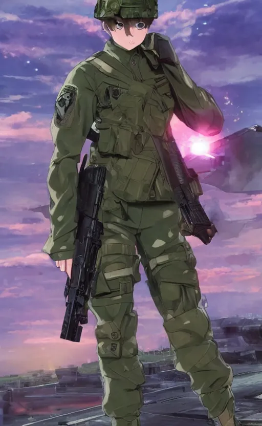 Image similar to girl, trading card front, future soldier clothing, future combat gear, realistic anatomy, concept art, professional, by ufotable anime studio, green screen, volumetric lights, stunning, military camp in the background