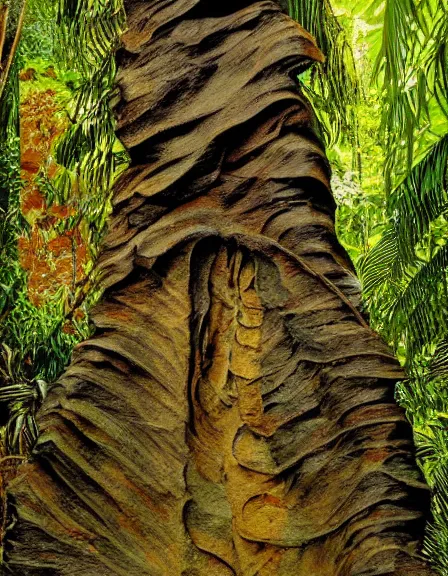 Prompt: vintage color photo of a massive 1 1 0 million years old abstract liquid gold sculpture covered by the jungle vines