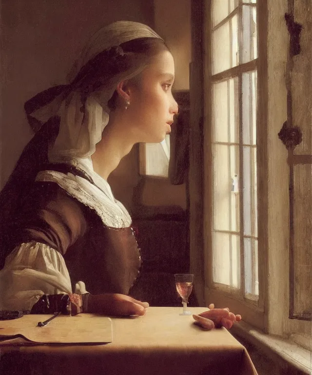 Prompt: a highly detailed, beautifully lit portrait of a pretty, young alicia vikander sitting at a table by an open window, oil painting portrait by vermeer and bouguereau