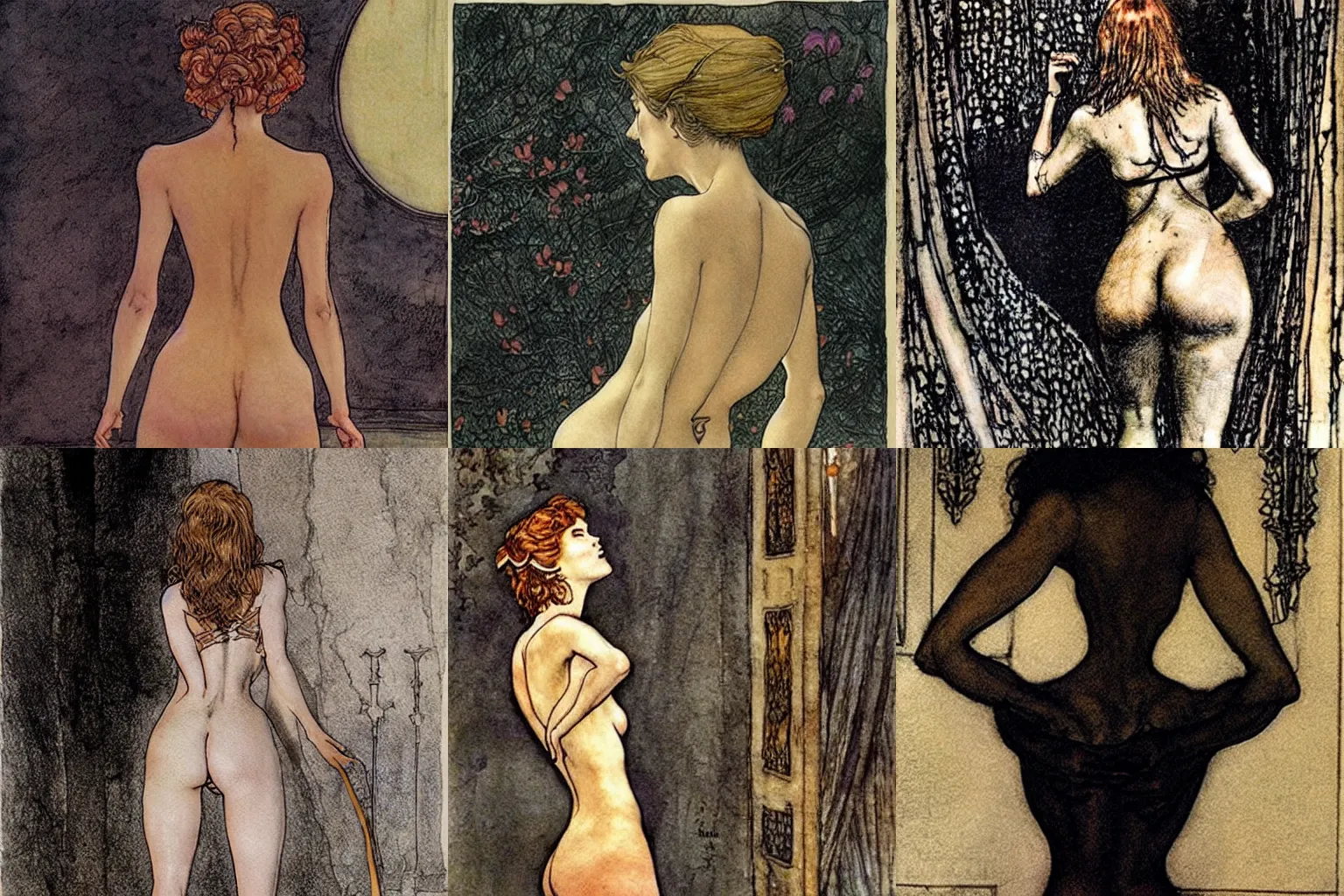 Prompt: the lower back of a beautiful woman, lighted from the front. painting by milo manara and arthur rackham