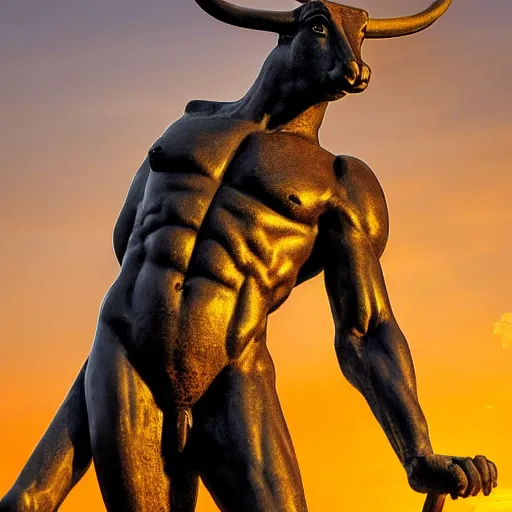 Prompt: sculpture of moloch, digital art, classical art, sharp focus, clear sky, muscular bull headed man, tropical sunset