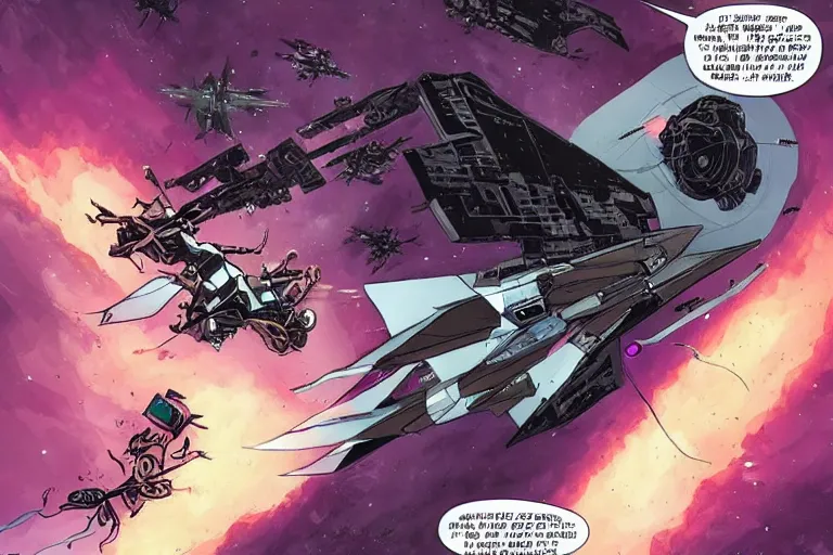 Image similar to A daemonette attacking a space fighter. Beautiful comic art.