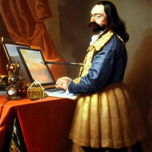 Image similar to russian tsar Peter The Great in tricorne hat and camisole, clean-shaven 18th century installs operating system on desktop computer oil painting, detailed, artfully traced, 4k resolution, cinematic, dramatic