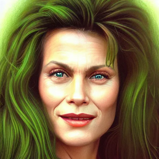 Image similar to headshot portrait, woman, eighties look, smiling, cute nose, green eays, a tear on his cheek, ultra realistic, hyperrealism, perfect faces, fine details, by brom, by gerald, 4 k,