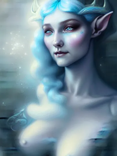 Image similar to the elven queen with blue skin by james jean, charlie bowater, tom bagshaw, nikolay makovsky : : enchanting, ethereal, magical, portrait, character design, illustration, hyperrealism, photorealism, digital art, concept art, fantasy, whimsy, weta, wlop, artstation