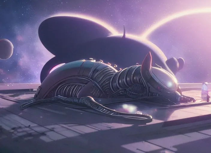 Prompt: alien cat sleeping in a spaceport in a gothcore ghibli animated film, volumetric lighting, octane render by stanley artgerm lau, greg rutkowski, alphonse mucha, loish, norman rockwel, highly detailed