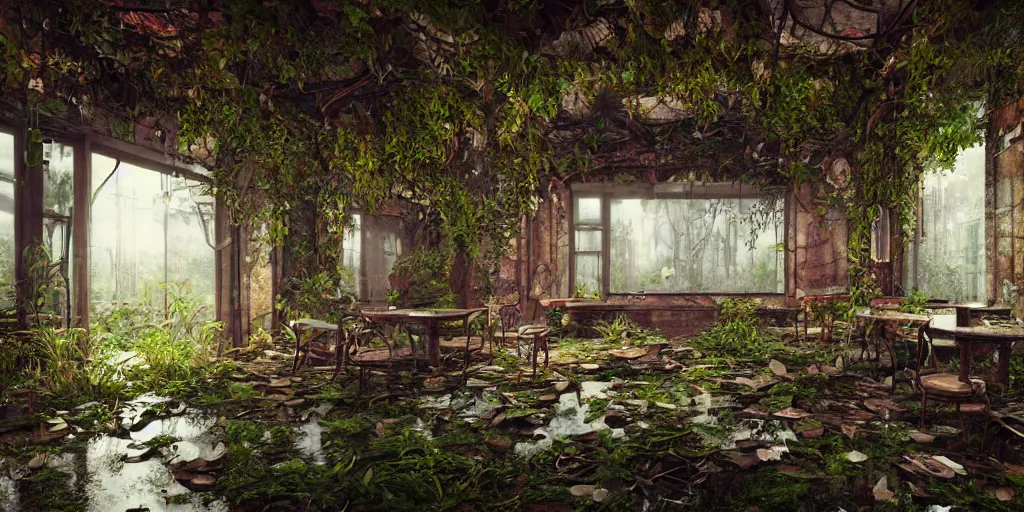 Prompt: abandoned restaurant on overgrown forest, fantasy, ornate, hyper realism, wet reflections, intricate, realistic, digital art, detailed, studio shot, unreal engine 5, octane, high definition, smooth, artstation, behance