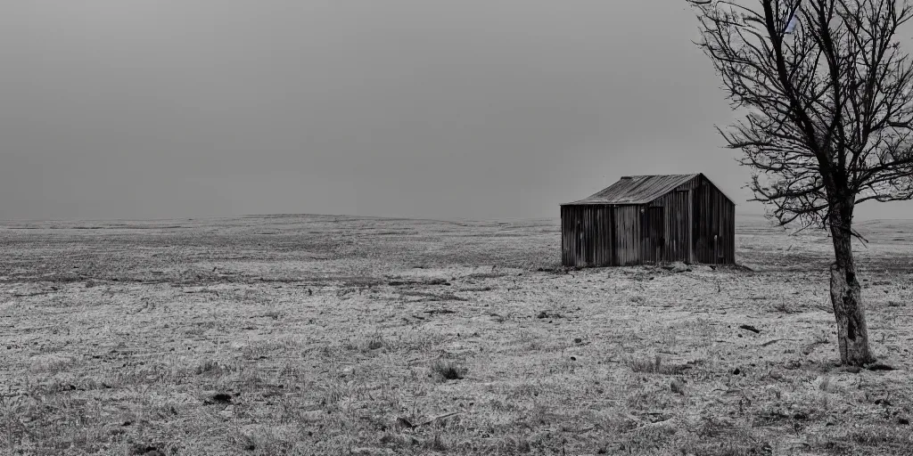 Image similar to a lonely building wandering through a desolate landscape