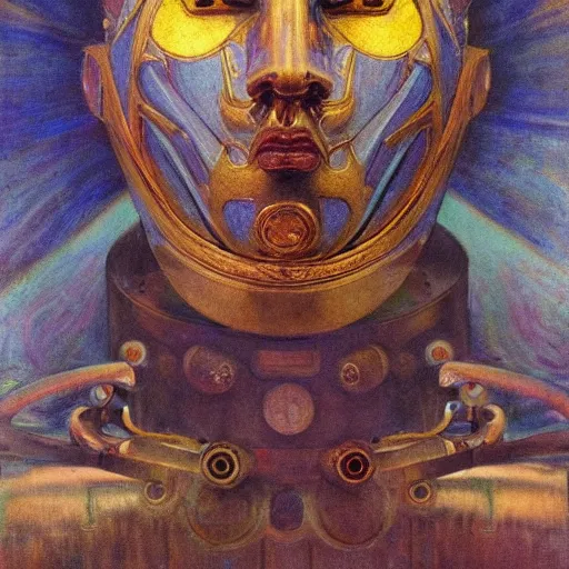 Prompt: masterpiece painting of the head of the robot flower king, by annie swynnerton and jean delville and tino rodriguez, flower mask, symbolist, dramatic lighting, god rays, elaborate geometric ornament, art brut, soft cool colors, smooth, sharp focus, extremely detailed, adolf wolfli