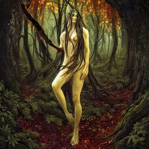 Prompt: portrait of a dryad inspired by hr giger, in a forest of fey autumn maples, her skin glistens with rainwater by greg rutkowski and brian froud dark mysterious, filtered evening light