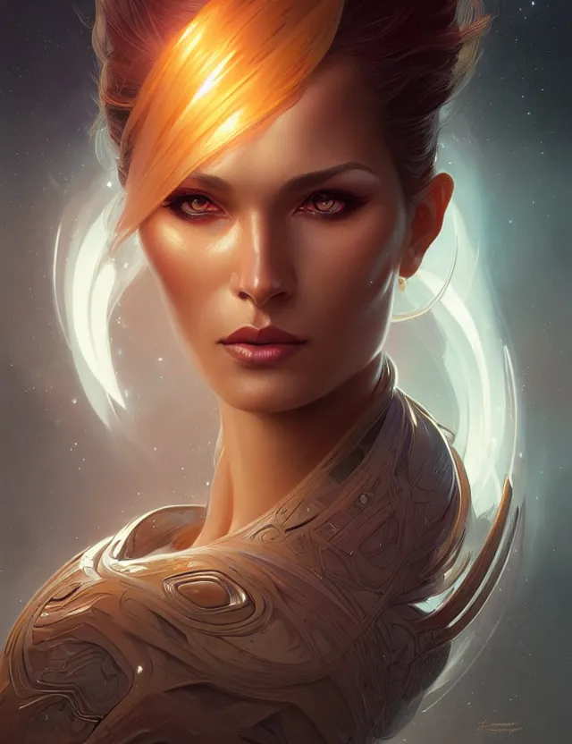 Image similar to futuristic woman portrait, sci-fi, amber eyes, face, long hair, fantasy, intricate, elegant, highly detailed, digital painting, artstation, concept art, smooth, sharp focus, illustration, art by artgerm and greg rutkowski and alphonse mucha