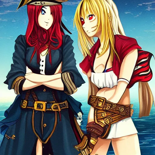 Prompt: a scene of two beautiful female pirate captains standing face to face, detailed anime art