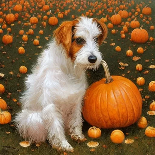 Image similar to a very cute scruffy long haired jack russell terrier puppy, white with chocolate brown spots and a brown patch over both eyes, amidst piles of pumpkins. halloween autumn fall art. beautiful painting by artgerm and greg rutkowski and alphonse mucha