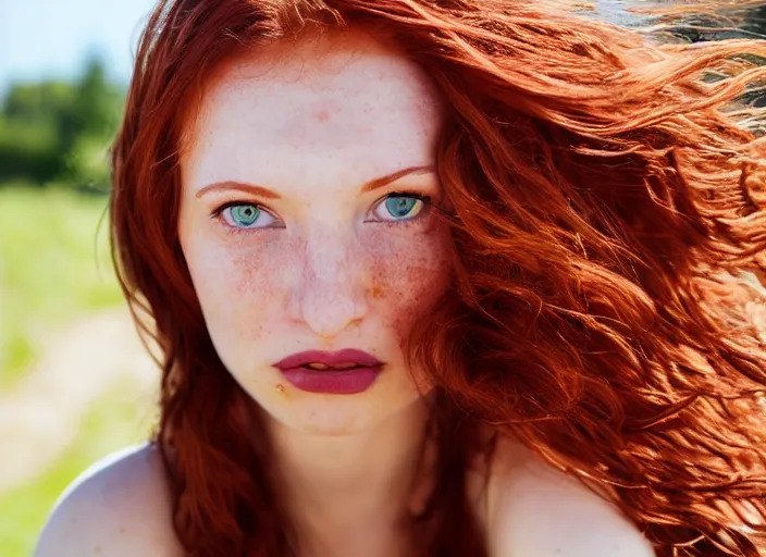 Image similar to close up portrait photograph of a thin young redhead woman with russian descent, sunbathed skin, with deep blue eyes. Wavy long maroon colored hair. she looks directly at the camera. Slightly open mouth, face takes up half of the photo. a park visible in the background. 55mm nikon. Intricate. Very detailed 8k texture. Sharp. Cinematic post-processing. Award winning portrait photography. Sharp eyes.